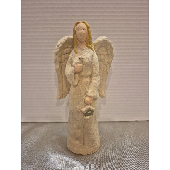 Chalk Painted Angel Figure With Blond Hair Holding Bird And Birdhouse Stamped - Picture 1 of 13